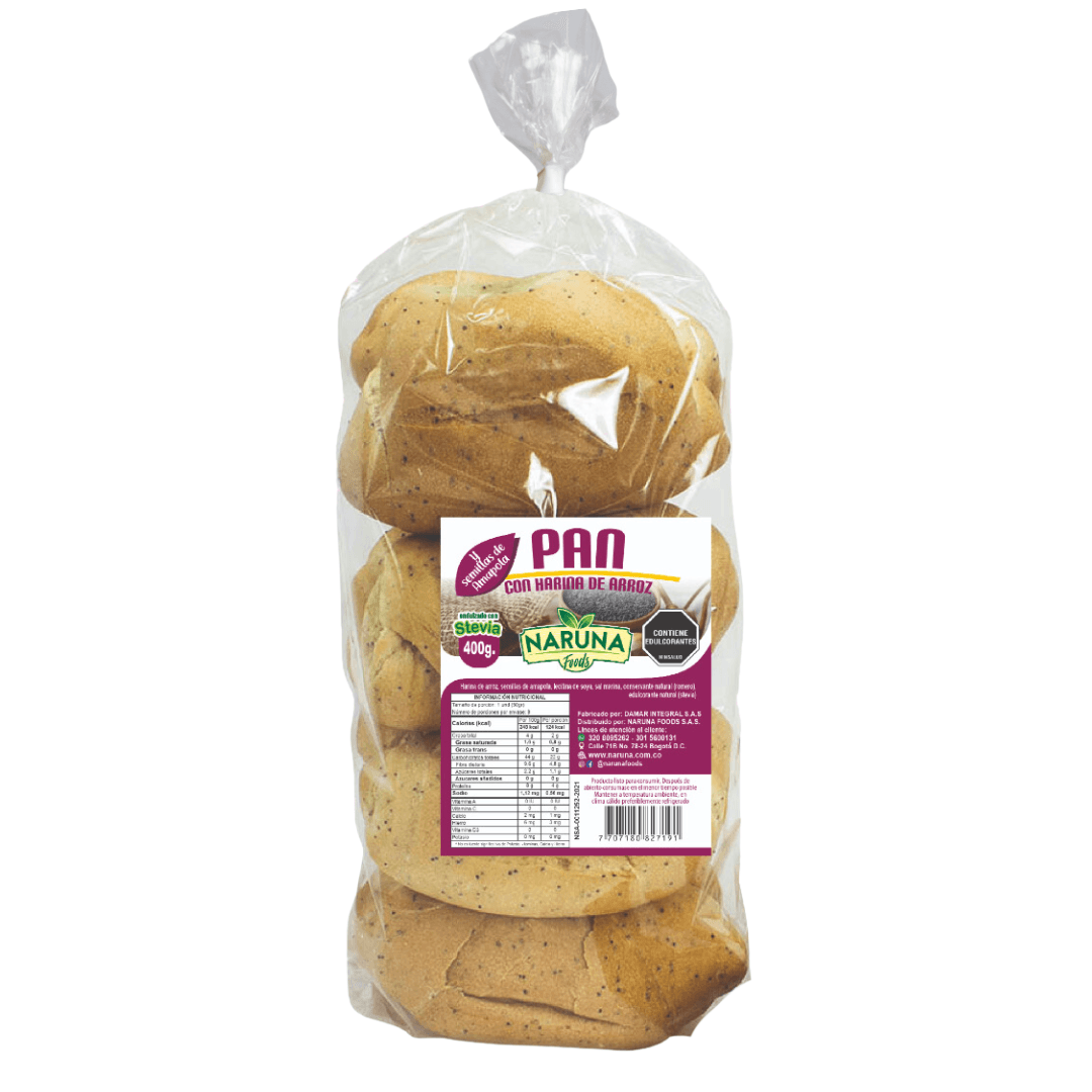Pan de Arroz con Semilla Amapola X 8 Unid - Naruna Foods - 400Grs